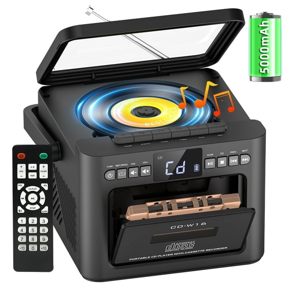 Jazmm 5000mAh Rechargeable CD Player Boombox Cassette Player Combo with Bluetooth, Speakers, Remote, FM, Music