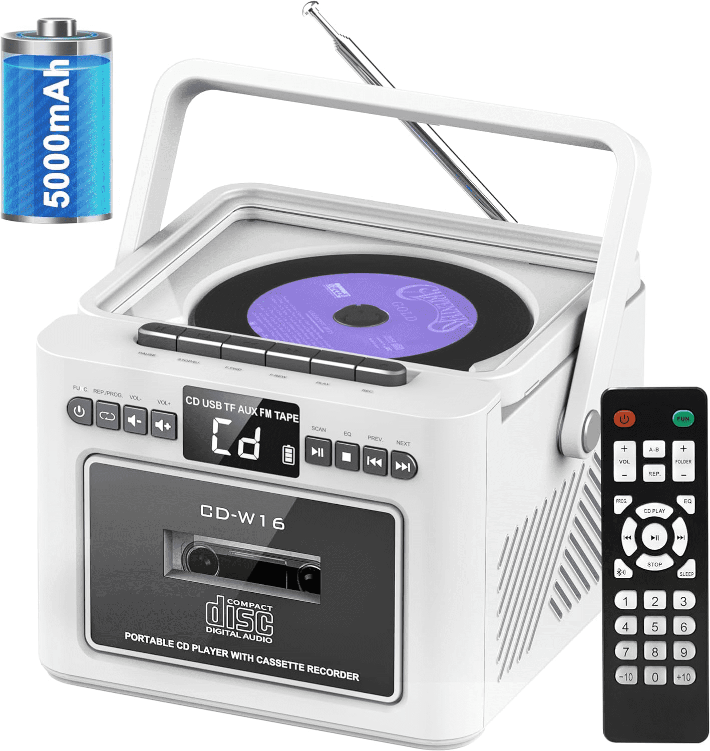 Jazmm Boombox CD Player, CD Cassette Player Combo with Bluetooth, 5000mAh Rechargeable Battery, FM Radio, Tape Recording for Home, Music