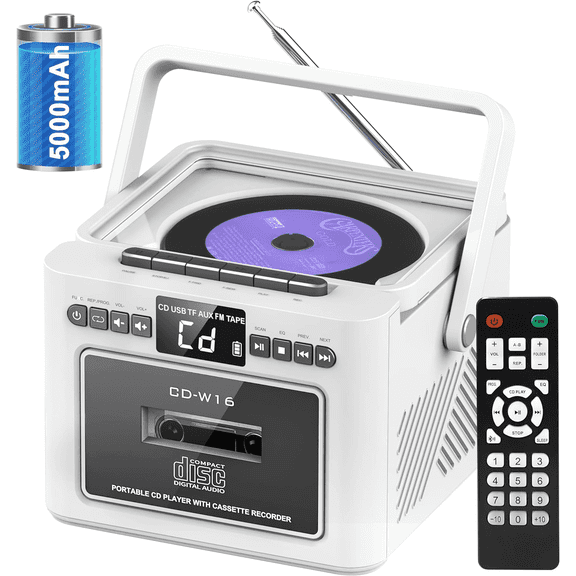 Jazmm Boombox CD Player, CD Cassette Player Combo with Bluetooth, 5000mAh Rechargeable Battery, FM Radio, Tape Recording for Home, Music