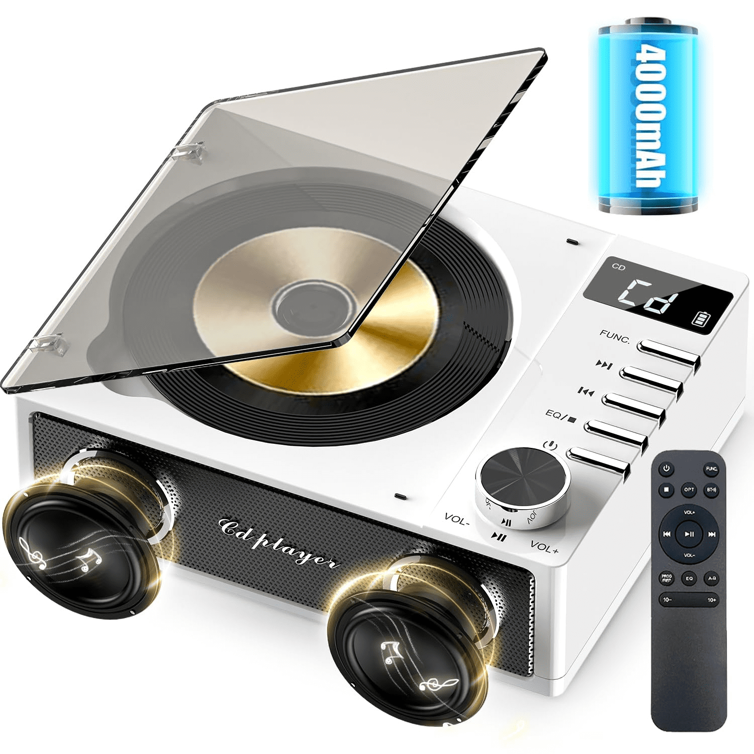 Jazmm CD Player with Bluetooth 5.3, 4000mAh Rechargeable CD Player with Remote Control, FM Radio, CD Player with Speakers for Home, CD Player for Car, Supports USB, TF, AUX, Optical Input（White）