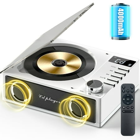 Jazmm CD Player with Bluetooth 5.3, 4000mAh Rechargeable CD Player with Remote Control, FM Radio, CD Player with Speakers for Home, CD Player for Car, Supports USB, TF, AUX, Optical Input