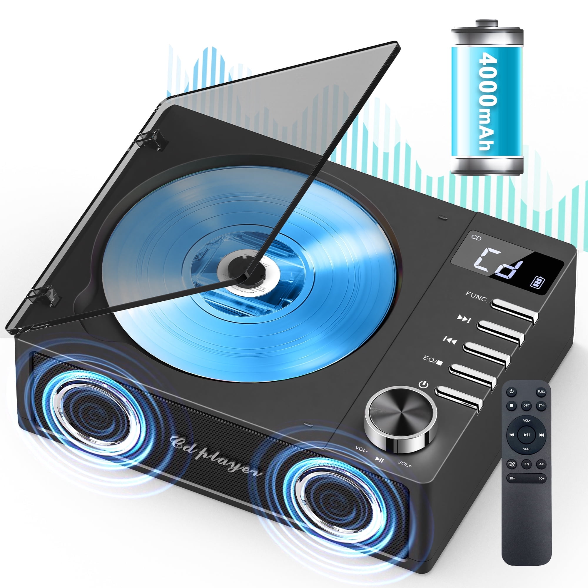 Jazmm CD Player with Bluetooth 5.3, 4000mAh Rechargeable CD Player with ...