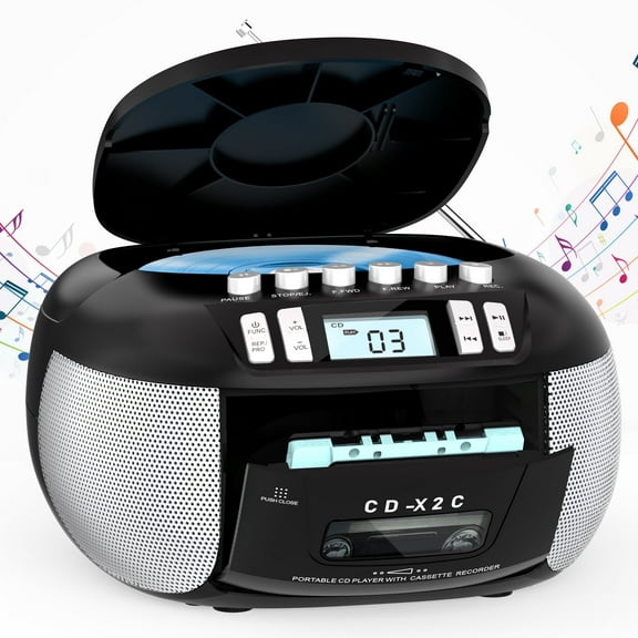 Jazmm Portable Boombox CD Player, CD Cassette Player Combo, AM/FM Radio, Tape Recording, LCD Display