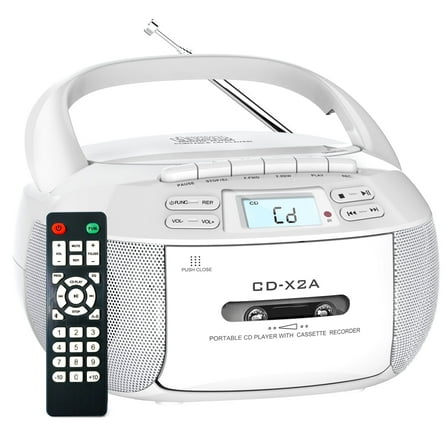 Jazmm CD Player Combo with Bluetooth, Boombox Cassette Portable CD Players, Support AM FM Radio/Remote Control/AUX/USB/Earphone, AC/Battery Operated, LCD Display for Home, Kids, Gift (White)
