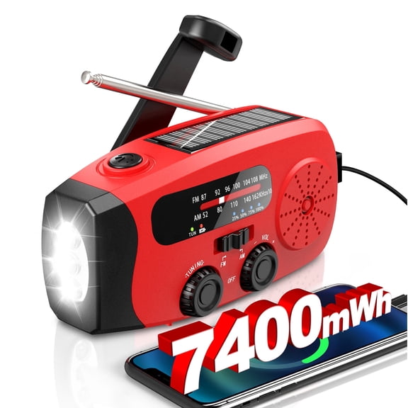 Jazmm Hand Crank Emergency Radio, 7400mWh NOAA/AM/FM Portable Radio, Solar Emergency Radio, Weather Alert, Flashlight for Emergency, Power Bank Cellphone Charger