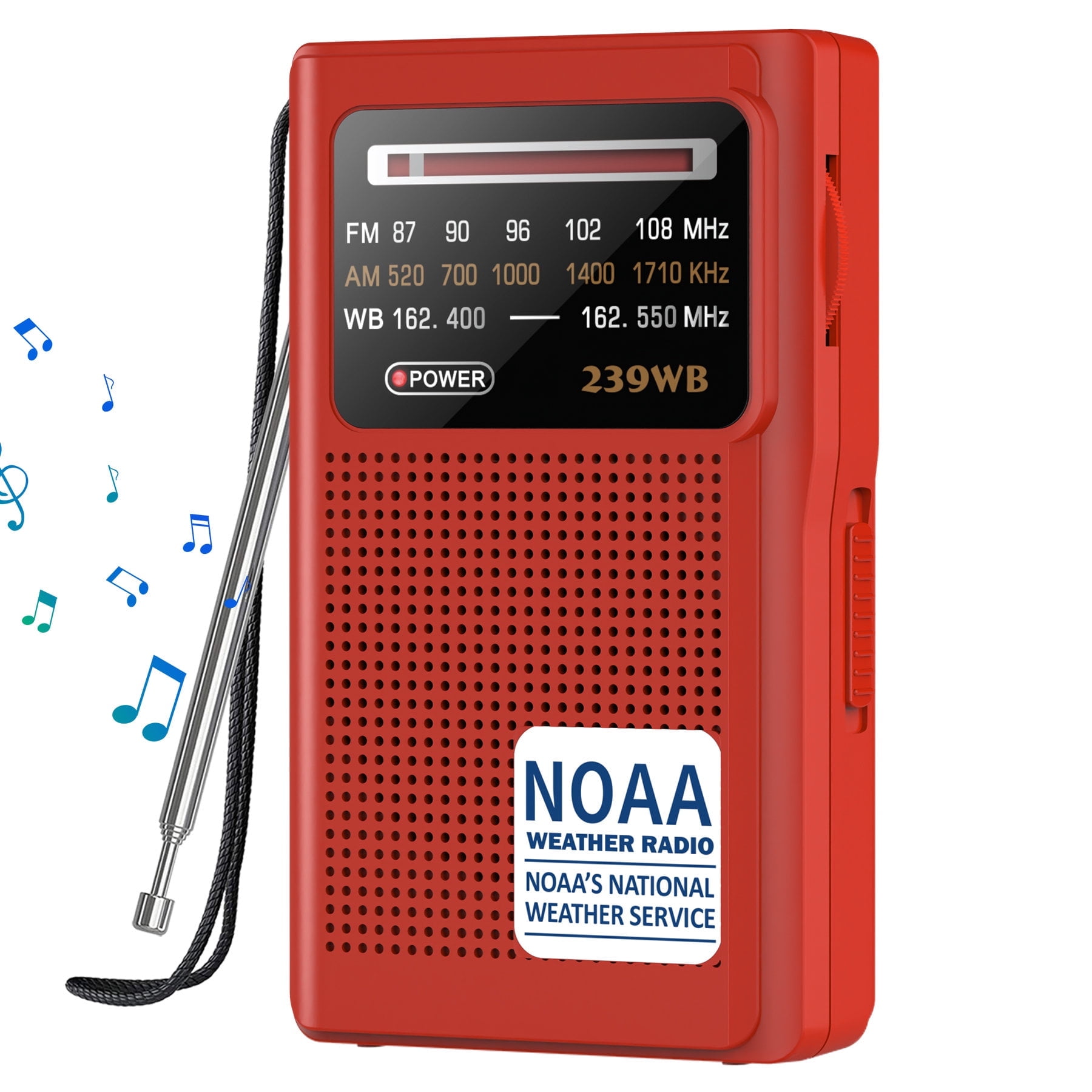Jazmm NOAA Weather Radio, Battery Operated Transistor Radio with 3.5mm Stereo Earphone Jack, Best Reception, Powered by 2 AA Batteries for Emergency, Outdoor & Home Use (Red)
