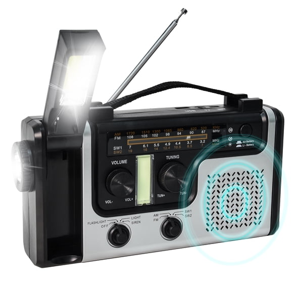 Jazmm Portable AM/FM/SW Emergency Radio, Solar Hand Crank, LED Flashlight, 1200mAh Battery