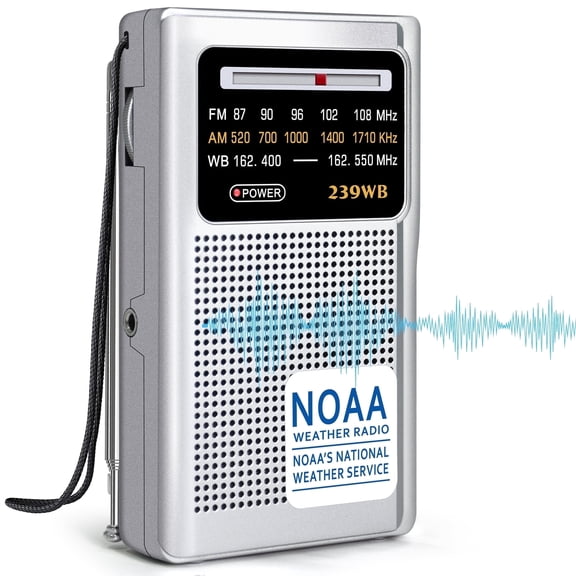 Jazmm Portable NOAA Weather Radio, Battery Operated Transistor Radio with 3.5mm Stereo Earphone Jack, Best Reception, Powered by 2 AA Batteries for Emergency, Outdoor & Home Use (Silver)
