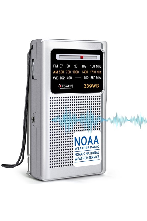 Jazmm Portable NOAA Weather Radio, Battery Operated Transistor Radio with 3.5mm Stereo Earphone Jack, Best Reception, Powered by 2 AA Batteries for Emergency, Outdoor & Home Use (Silver)