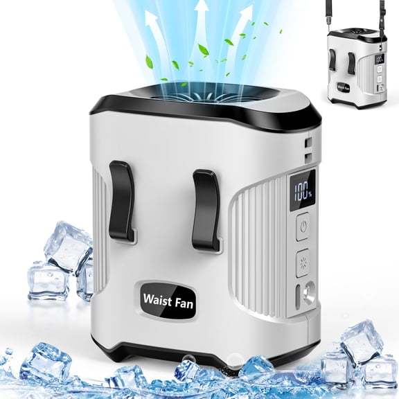 Jazmm Portable Waist Fan, Rechargeable Portable Wearable Fan with 3 Speeds Rechargeable Fan, LED Display, Flashlight & SOS Function, Up to 24H Battery Life for Outdoor Camping Travel