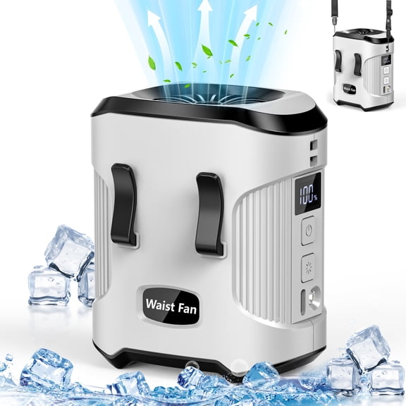 Jazmm Portable Waist Fan, Rechargeable Portable Wearable Fan with 3 Speeds Rechargeable Fan, LED Display, Flashlight & SOS Function, Up to 24H Battery Life for Outdoor Camping Travel