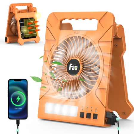 Jazmm Solar Camping Fan, Portable Rechargeable Battery Operated Fan with Solar/Type-C Charging, 4 Speeds, 3-Mode LED Light & Flashlight, 4 Timers, 90° Foldable Stand for Travel, Fishing