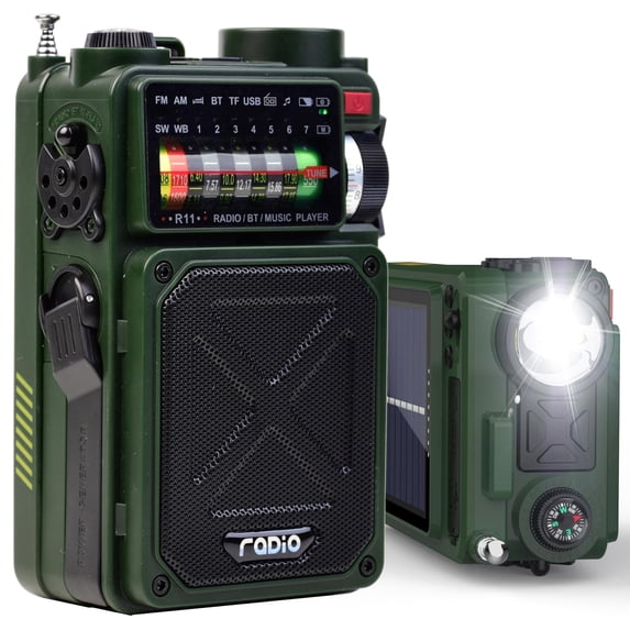 Jazmm Solar Emergency Radio with 4000mAh Power Bank, Hand Crank & Bluetooth 5.0, Portable Survival Radio with SOS Alarm/Flashlight, NOAA Weather/FM/AM/SW for Camping, Hiking, Blackouts