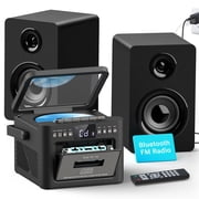 Jazmm Stereo System for Home with Boombox CD and Cassette Player Combo, 40W Home Stereo System with Bluetooth, FM Radio/USB/TF/AUX/Remote Control, Detachable Wooden Bookshelf Speakers