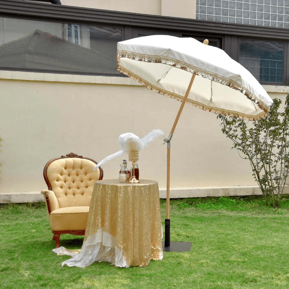 Jazz Age Fringe Umbrella Tilt Market Umbrella Beige Gold Glitter