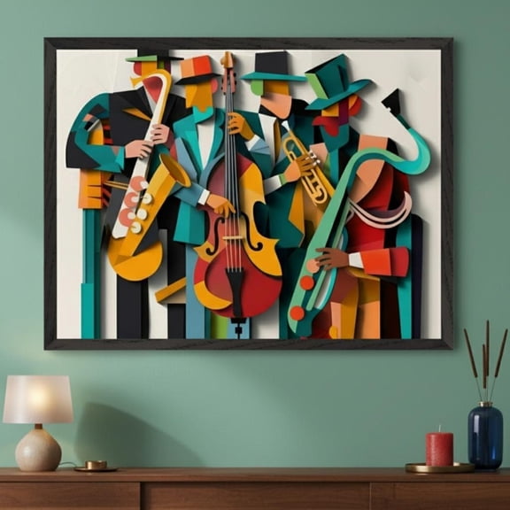 Jazz Band Abstract Geometric Style Wall Art Paper Cut Style Musician Illustration Jazz Clu