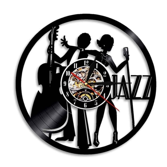 Jazz Band Singer Performance Wall Art Music Room Wall Decor Wall Clock Double Bass Jazz Gifts Vinyl Record Vintage Wall Clock Without LED