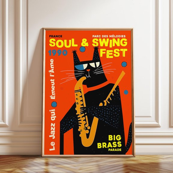 Jazz Cat 1990 Soul Swing Festival Music Room Decor, Unframed Paper Poster 8x10in