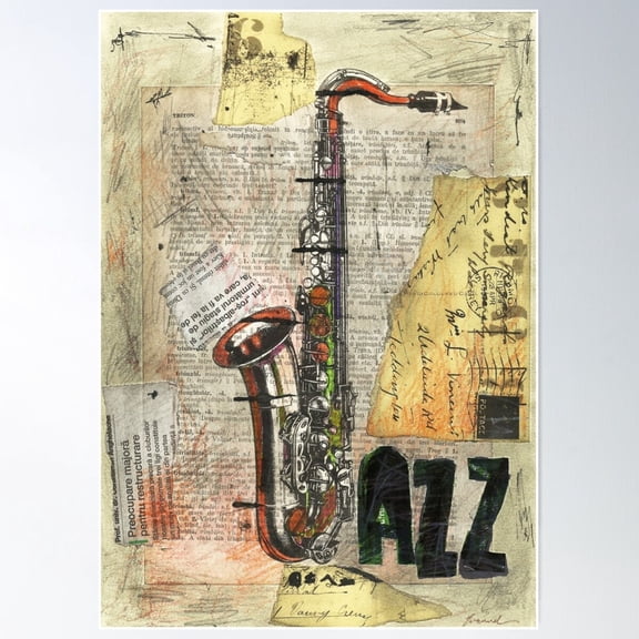 Jazz Collage Art Poster Drawing Painting Saxophone Music Abstract Saxophone Art Print, Modern Musical Decor Poster Wall Art, UNFRAMED