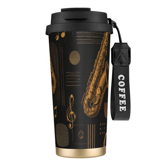 Jazz Harmony Saxophone Pattern 316 Stainless Steel Coffee Tumbler with Lid Straw, Vacuum Insulated Travel Mug, Reusable Coffee Cup with Wrist Strap