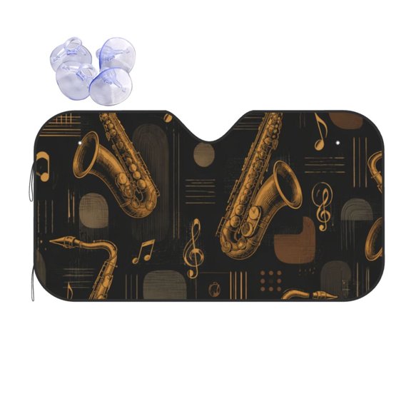 Jazz Harmony Saxophone Pattern Reflective Car Windshield Sunshade, UV Ray Reflector Sun Visor Universal Fit for SUVs, Trucks, Sedans,S