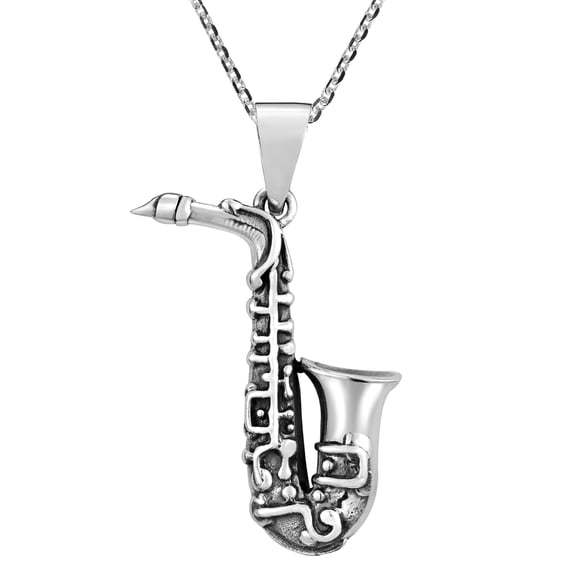 Jazz Lover Saxophone Instrument Detailed Sterling Silver Pendant Necklace