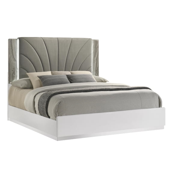 Jazz Modern King Platform Bed with Upholstered Headboard in White Lacquer