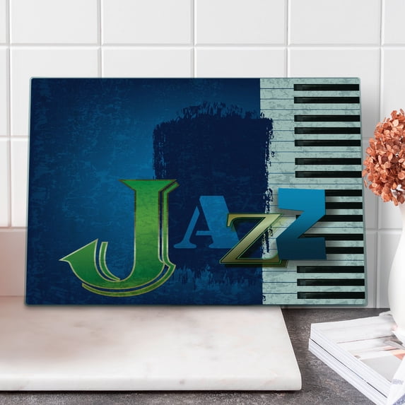 Jazz Music Cutting Board, Abstract Cracked Background Piano Keys Themed Print Rhytym Image, Decorative Tempered Glass Cutting and Serving Board, Large Size, Navy Green White, by Ambesonne