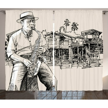 Ambesonne Jazz Curtains 2 Panel Set, River Bank Palm Trees, 108" x 90", Beige Black
