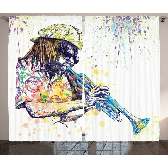 Ambesonne Jazz Curtains 2 Panel Set, Entertainment Vivid Art, 108" x 90", Purple Yellow