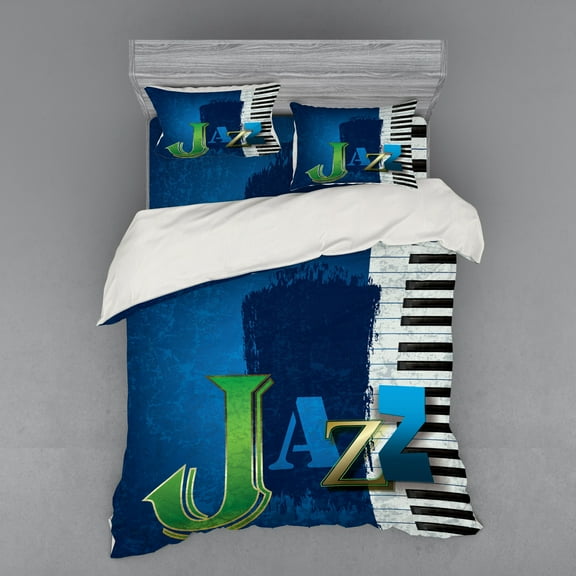Jazz Music Duvet Cover Set, Abstract Cracked Background Piano Keys Themed Print Rhytym Image, Bedding Set with Shams and Fitted Sheet, 3 Sizes, by Ambesonne