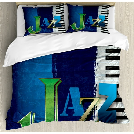 Jazz Music Duvet Cover Set, Abstract Cracked Background Piano Keys Themed Print Rhytym Image, Decorative 3 Piece Bedding Set with 2 Pillow Shams, Calking Size, Navy Green White, by Ambesonne