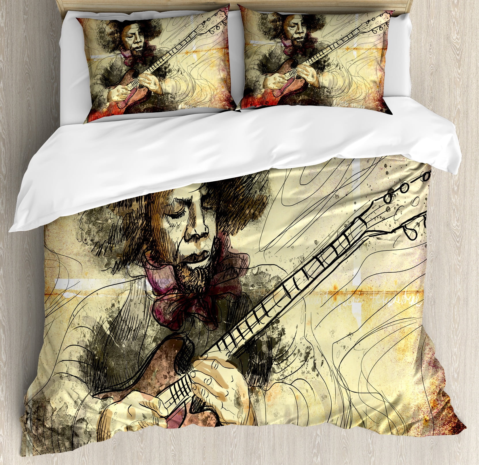 Jazz Guitar Virtuoso Hand Drawn Queen Duvet Cover Set