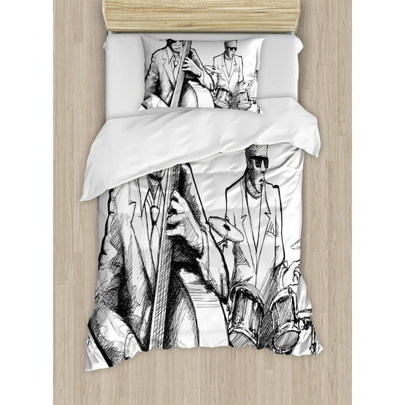 Jazz Music Duvet Cover Set, Illustration of a Jazz Band Musicians Playing Drum Music Concert Performance, Decorative 2 Piece Bedding Set with 1 Pillow Shams, Twin Size, Black White, by Ambesonne