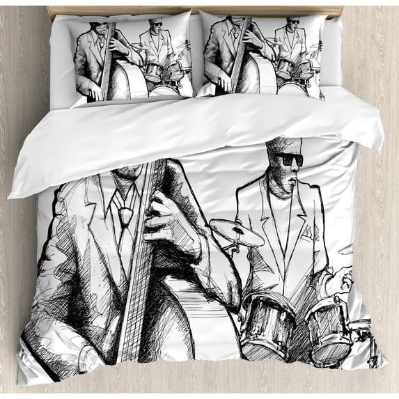 Jazz Music Duvet Cover Set, Illustration of a Jazz Band Musicians Playing Drum Music Concert Performance, Decorative 3 Piece Bedding Set with 2 Pillow Shams, Queen Size, Black White, by Ambesonne