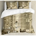 thumbnail image 1 of Jazz Music Duvet Cover Set, Illustration of a Guitarist in an Old Street of New York Buildings Music Cityscape, Decorative 3 Piece Bedding Set with 2 Pillow Shams, Queen Size, Beige, by Ambesonne, 1 of 3