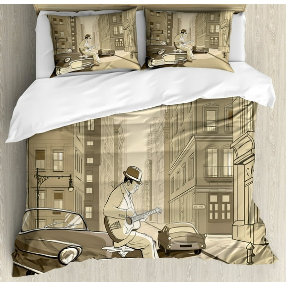 Jazz Music Duvet Cover Set, Illustration of a Guitarist in an Old Street of New York Buildings Music Cityscape, Decorative 3 Piece Bedding Set with 2 Pillow Shams, Queen Size, Beige, by Ambesonne