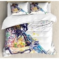 thumbnail image 1 of Jazz Music Duvet Cover Set, Illustration of Trumpeter with Paint Splashes at the Background Entertainment, Decorative 3 Piece Bedding Set with 2 Pillow Shams, Queen Size, Purple Yellow, by Ambesonne, 1 of 3