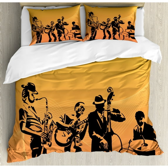 Jazz Music Duvet Cover Set, Silhouette of Jazz Quartet Performing on Stage Acoustic Passion Old Style Art, Decorative 3 Piece Bedding Set with 2 Pillow Shams, Calking Size, Mustard Black, by Ambesonne