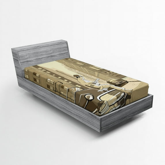 Jazz Music Fitted Sheet, Illustration of a Guitarist in an Old Street of New York Buildings Music Cityscape, Soft Decorative Fabric Bedding, Twin Size, Beige, by Ambesonne