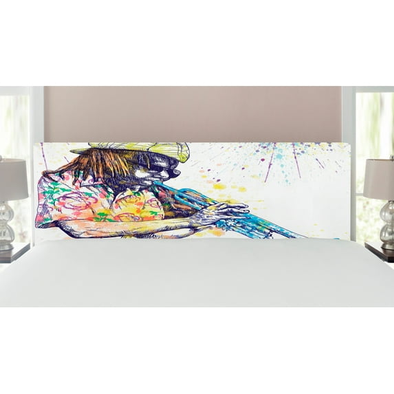 Jazz Music Headboard, Illustration of Trumpeter with Paint Splashes at the Background Entertainment, Upholstered Decorative Metal Bed Headboard with Memory Foam, King Size, Purple Yellow, by Ambesonne