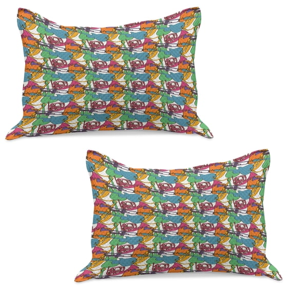 Jazz Music Knitted Quilt Pillowcover Set of 2, Abstract Retro Style Composition with Colorful Musical Instruments Party, Standard Queen Pillow Sham Bedroom, 30" x 20", Multicolor, by Ambesonne