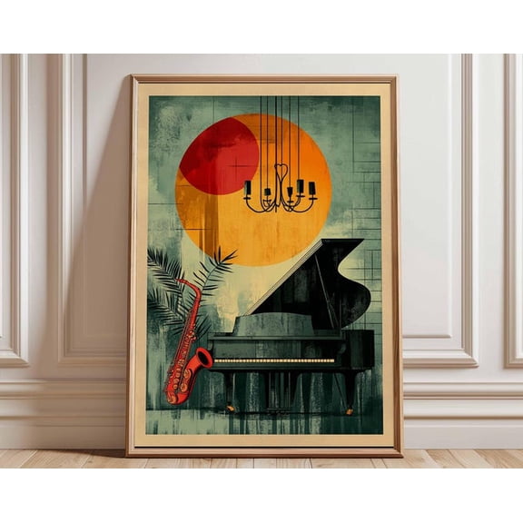 Jazz Music Piano Saxophone Retro Music Abstract Jazz Vintage Instrument Wall Art Print, Unframed Paper Poster 24x36in