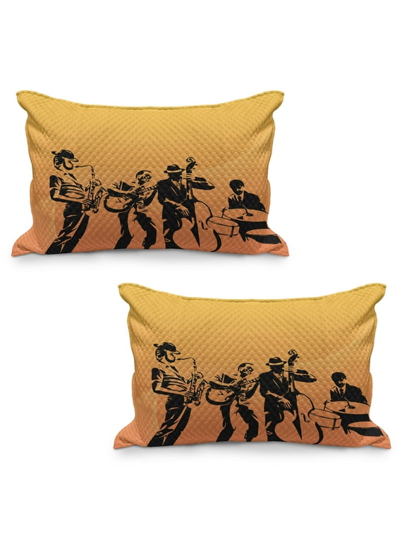 Jazz Music Quilted Pillowcover Set of 2, Silhouette of Jazz Quartet Performing on Stage Acoustic Passion Old Style Art, Standard Queen Size Pillow Cover Bedroom, 36" x 20", Mustard Black, by Ambesonne