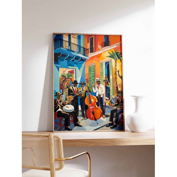 Jazz Music Retro Instrument Musician Illustration Art Lover Wall Decor, Stretched Canvas 8x10in