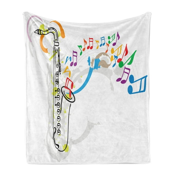 Jazz Music Soft Flannel Fleece Blanket, Celebration Festival Theme Colorful Artwork with Music Notes and Saxophone, Cozy Plush for Indoor and Outdoor Use, 50" x 70", Orange Green Red, by Ambesonne