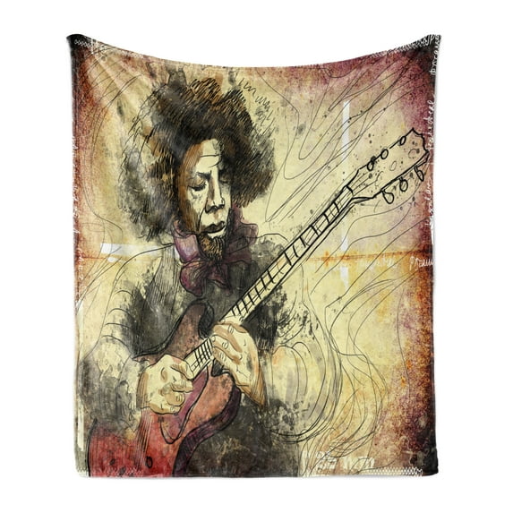 Jazz Music Soft Flannel Fleece Blanket, Guitar Virtuoso Hand Drawn Style Illustration of a Guitar Player Musician, Cozy Plush for Indoor and Outdoor Use, 70" x 90", Brown Beige Black, by Ambesonne
