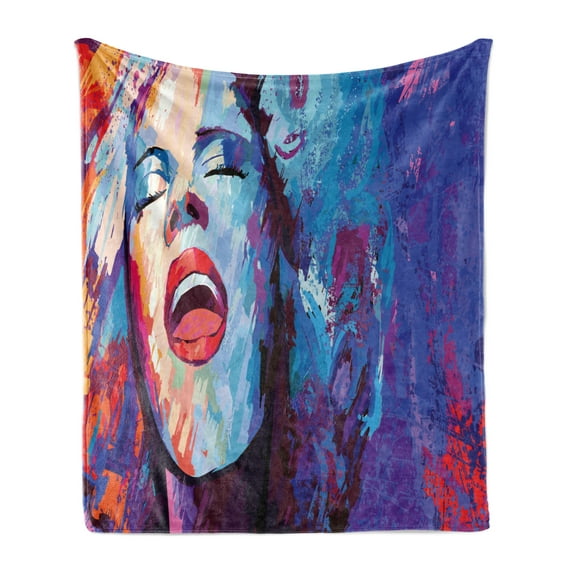 Jazz Music Soft Flannel Fleece Blanket, Illustration of Singer on Grunge Background Performing Singing Woman Image, Cozy Plush for Indoor and Outdoor Use, 50" x 70", Blue Purple Red, by Ambesonne