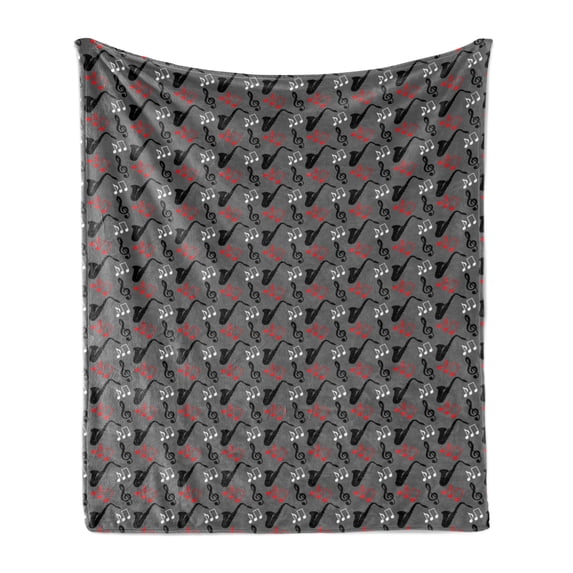 Jazz Music Soft Flannel Fleece Blanket, Music Notes Treble Clef Saxophone Pattern Abstract Design Blues Performance, Cozy Plush for Indoor and Outdoor Use, 60" x 80", Grey Black Red, by Ambesonne