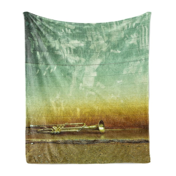 Jazz Music Soft Flannel Fleece Blanket, Old Worn Trumpet Stands Alone Against a Grungy Wall Outside of Jazz Club, Cozy Plush for Indoor and Outdoor Use, 60" x 80", Teal Beige Mustard, by Ambesonne